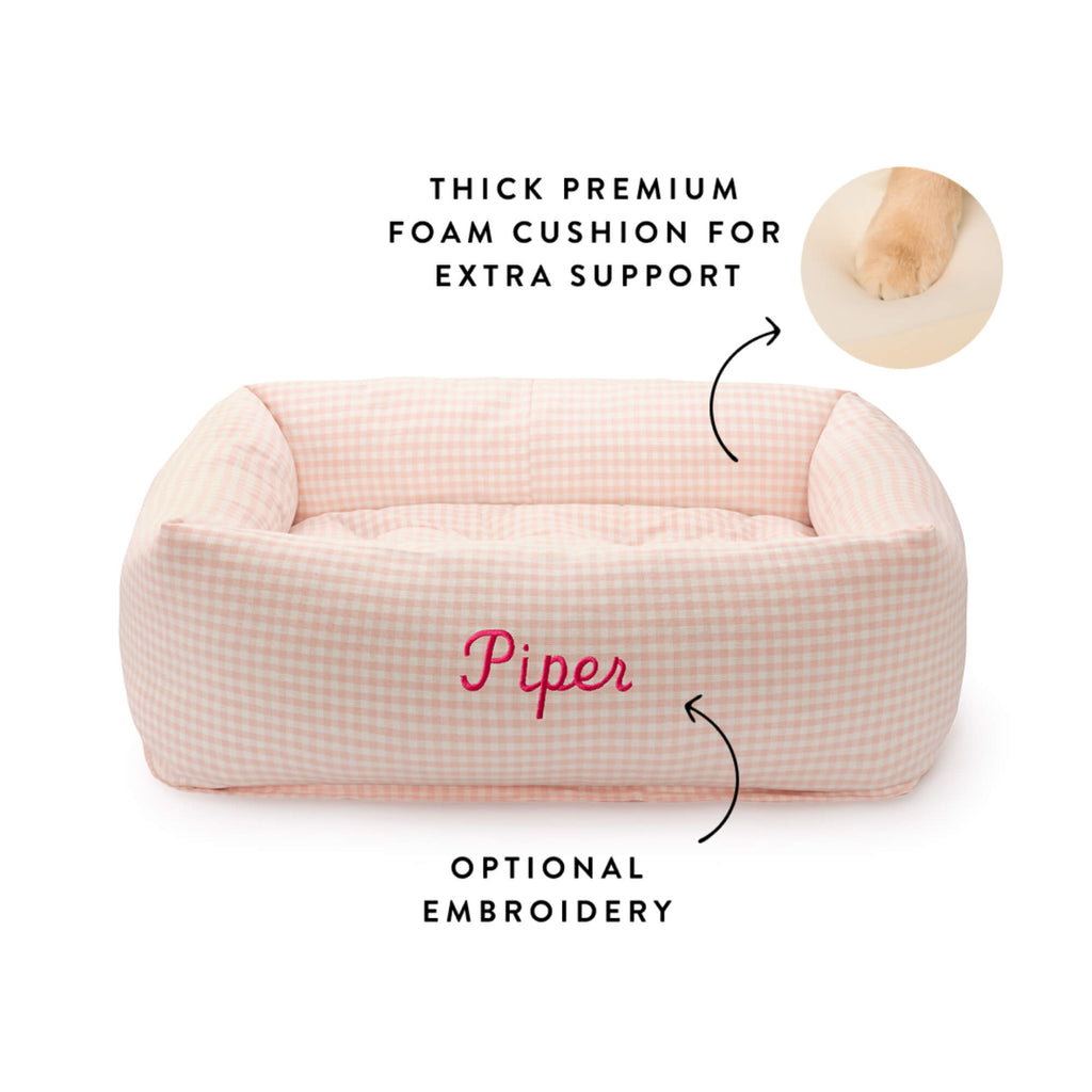 Blush Pink Gingham Bolster Dog Bed
