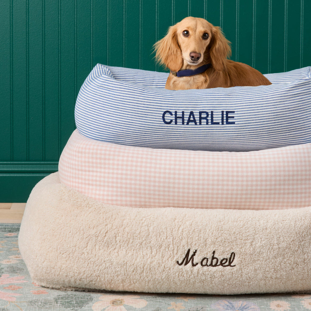 Blush Pink Gingham Bolster Dog Bed