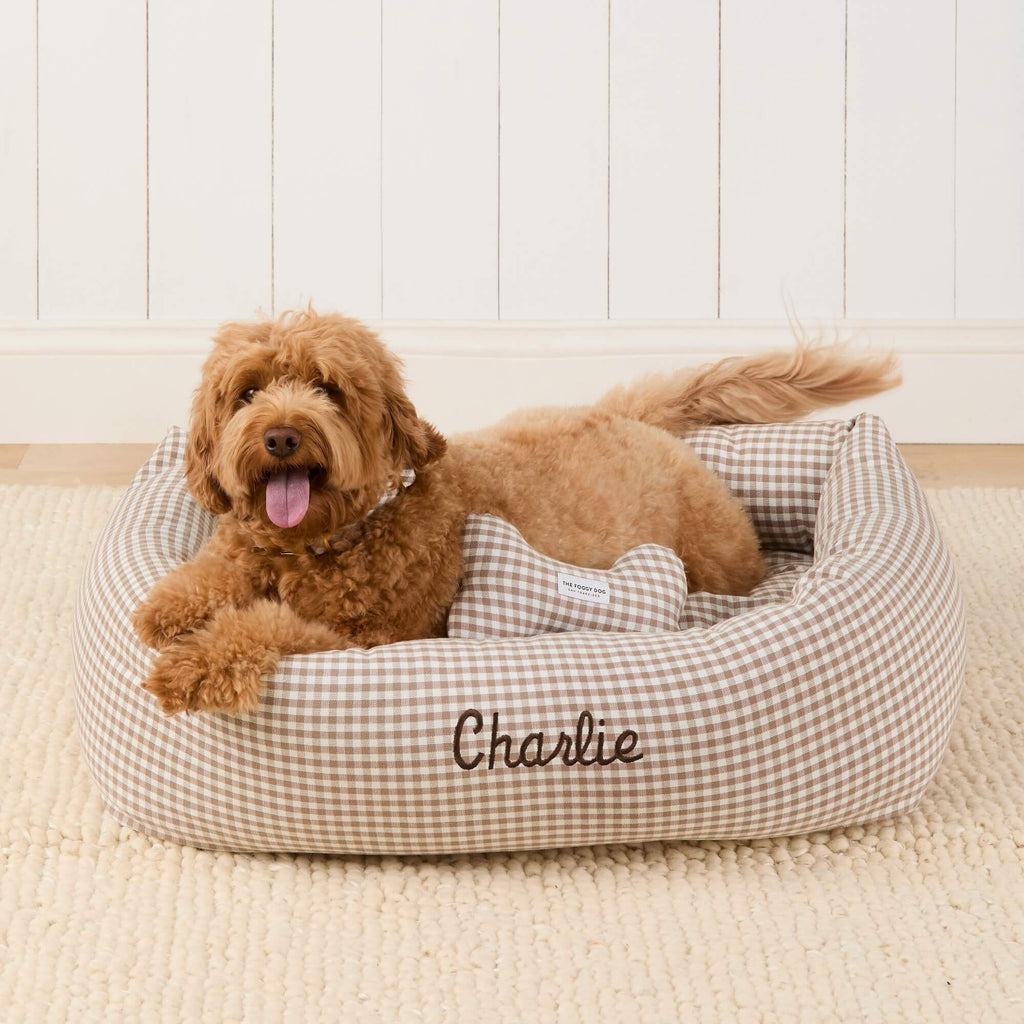 Mushroom Brown Gingham Bolster Dog Bed
